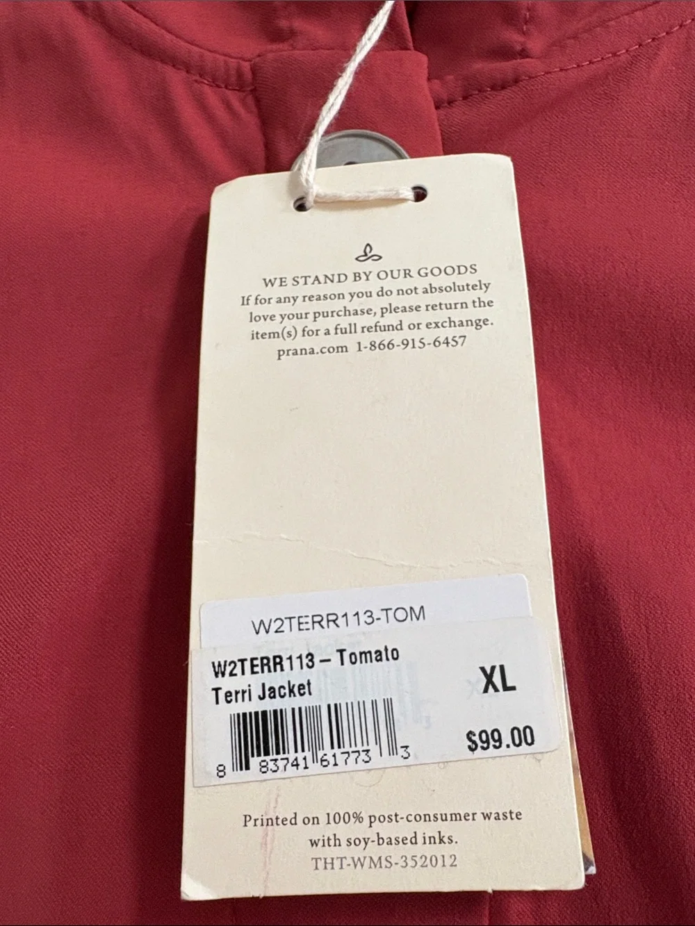 NWT Prana Terri Jacket in Tomato Hood Hidden Zip Front Water Repellant Size XL